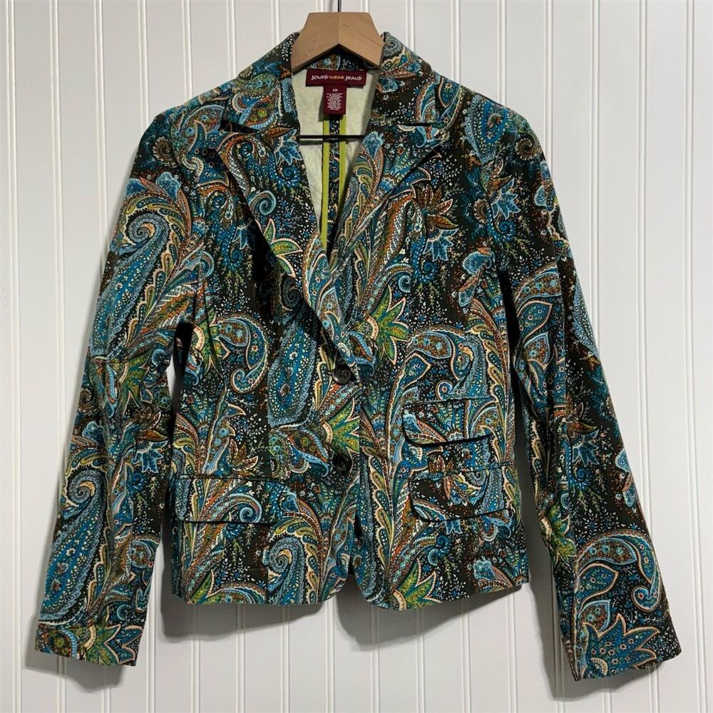Jones Wear Jeans Womens 10 Blue Paisley Print Cropped Blazer Jacket Cotton Blend